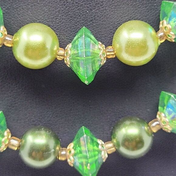 Vintage 80s Double Strand Choker Necklace‎ Green Gold Beaded Multi-strand - Picture 14 of 14